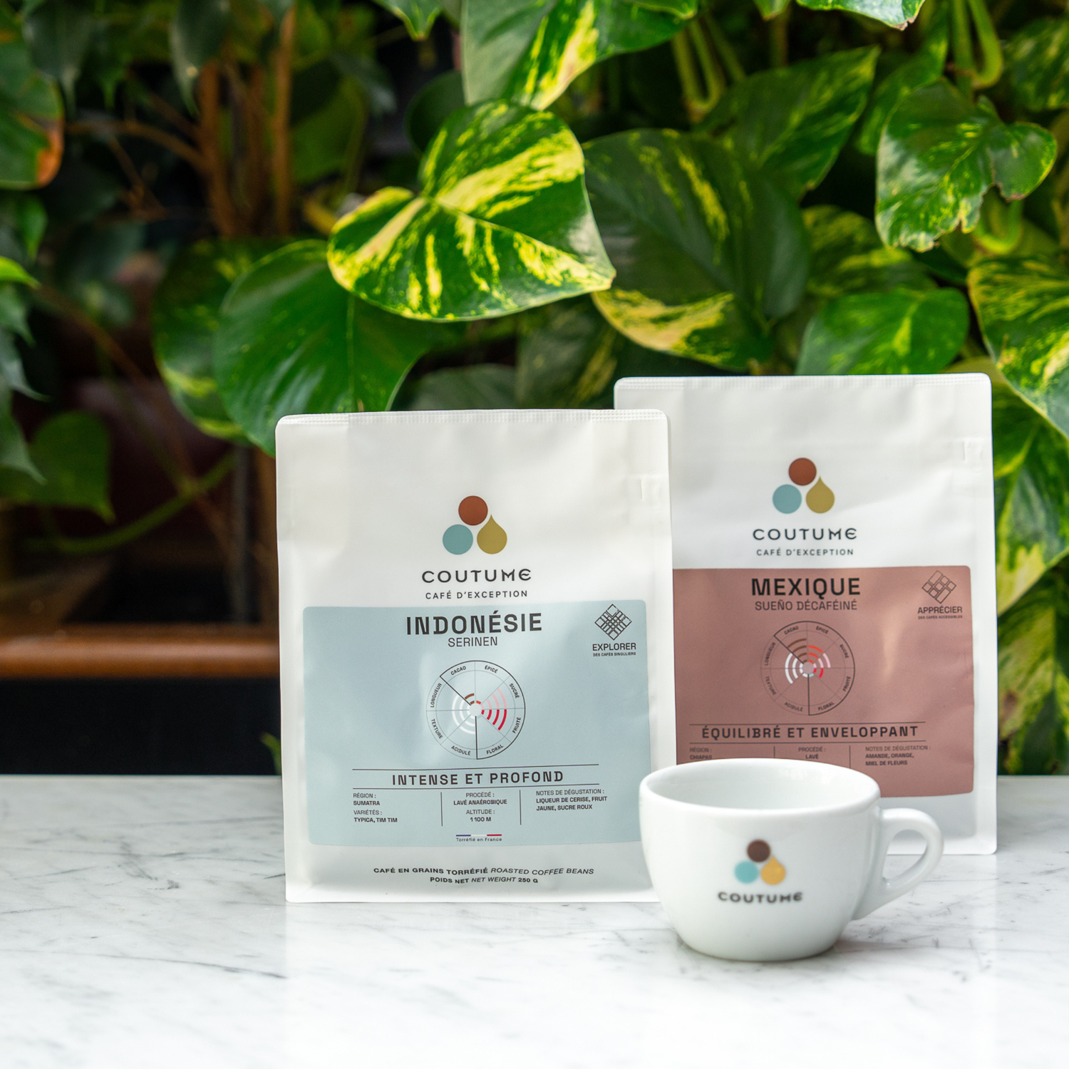 Deux sachets de café de spécialité Coutume Café avec tasse pour l’offre 1 an de café à offrir