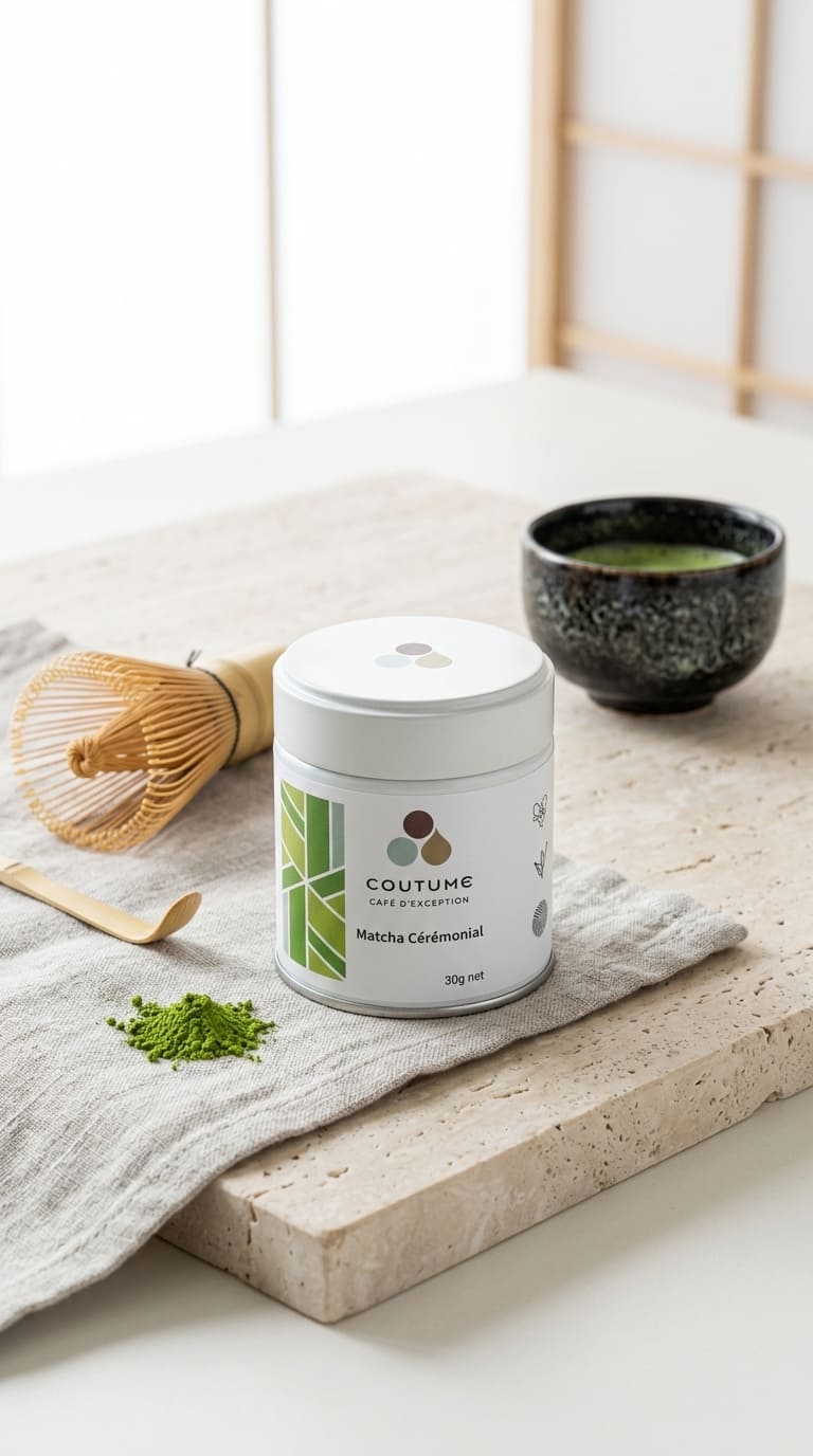 Une main verse du lait moussé dans un bol de thé matcha d'un vert éclatant pour créer un motif de latte art.